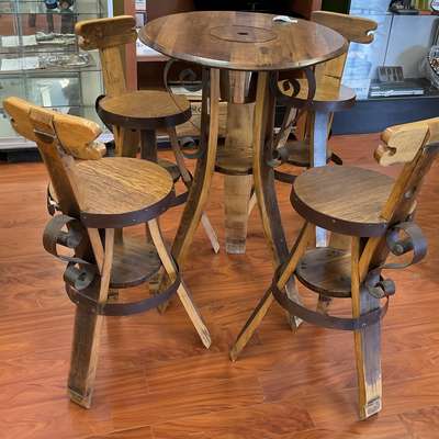 Oak and steel wine table with 4 Stools