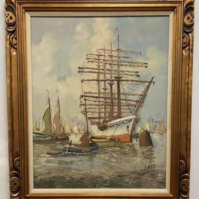 Ships in the harbor signed J. May
